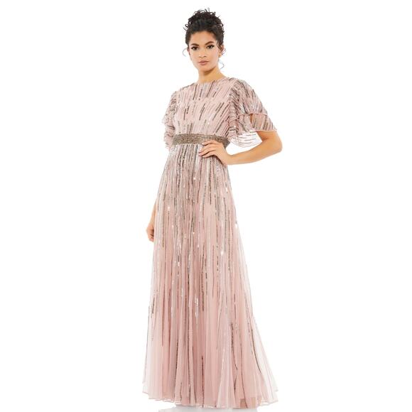 Mac Duggal 93582 Beaded Full Length Ruffle Sleeve Gown Vintage Rose Pink 6 NEW - Picture 1 of 9